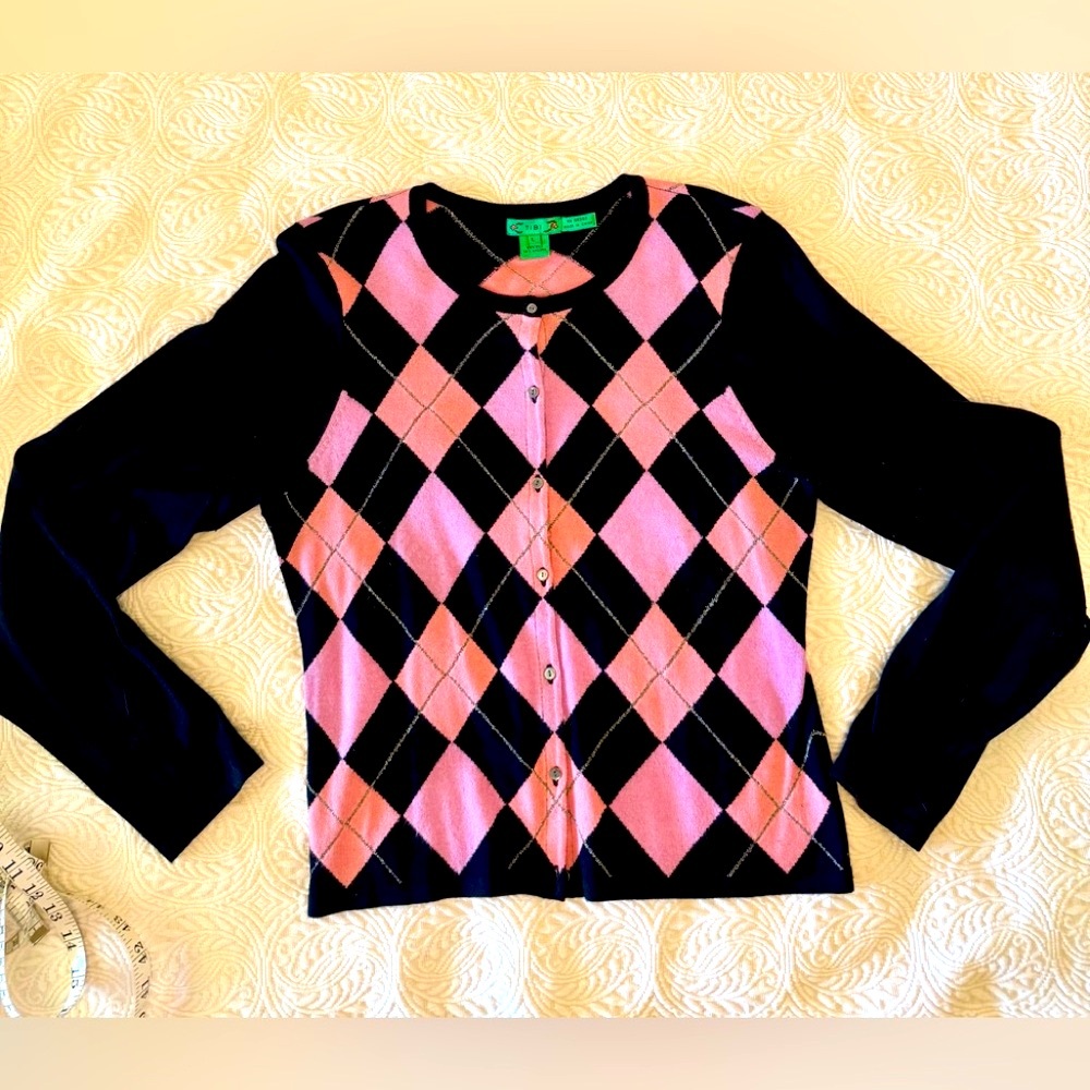 Tibi SILK Pink and Black  Silk + Angora Argyle Cardigan